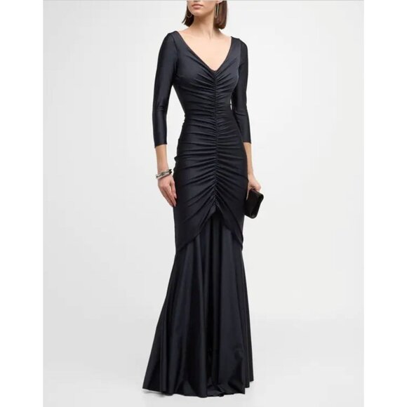 Chiara Boni La Petite Robe Ruched Front Slit Mermaid Gown Black 50 US 12 - Picture 1 of 16